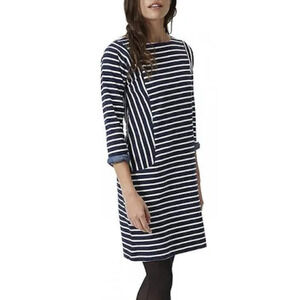 Joules Nautical Navy White Striped 3/4 Sleeve Dress w/ Pockets 100% Cotton, Sz 6